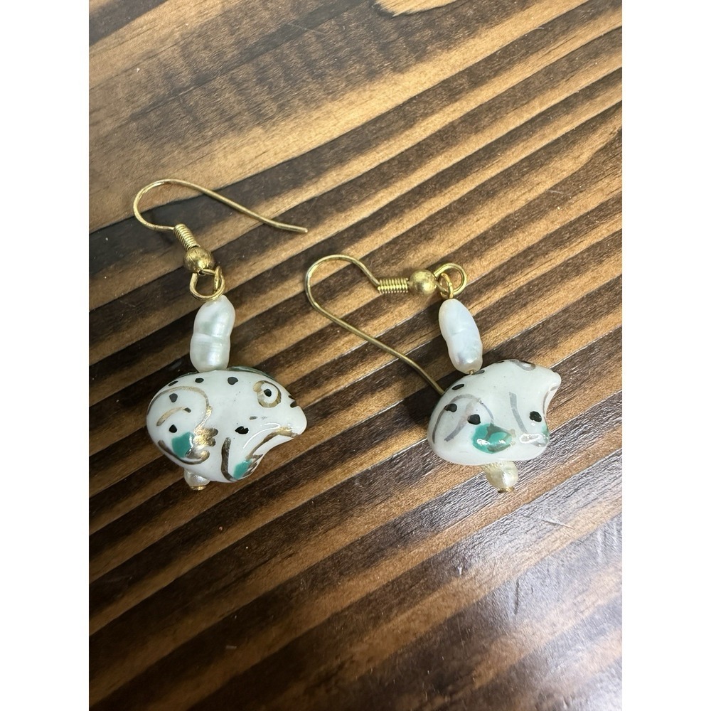 Vintage Ceramic‎ Frog Hand Painted Dangle Drop Pierced Earrings
